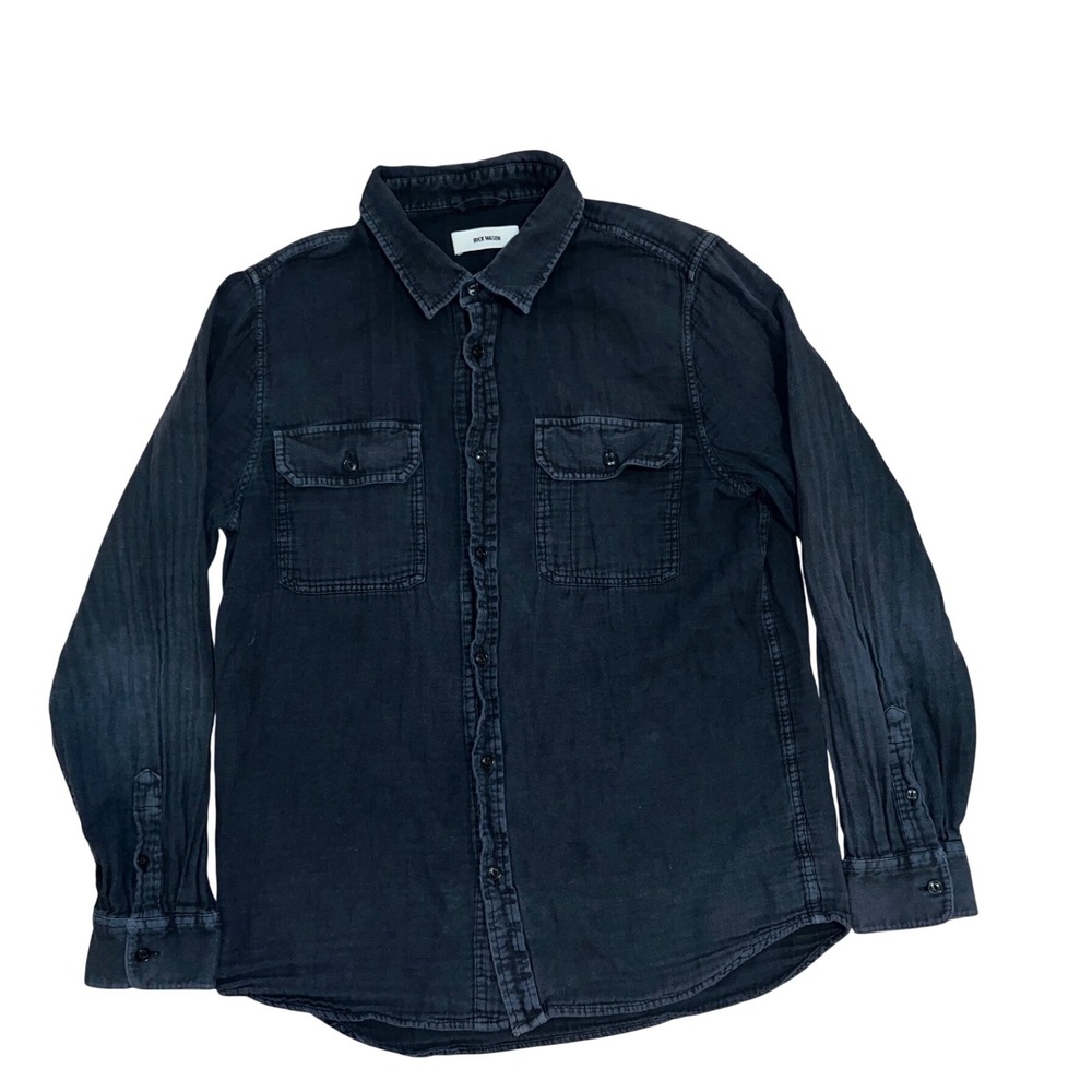 Buck Mason Mens Washed Medium Black Double Gauze Long Sleeve Button Down Shirt